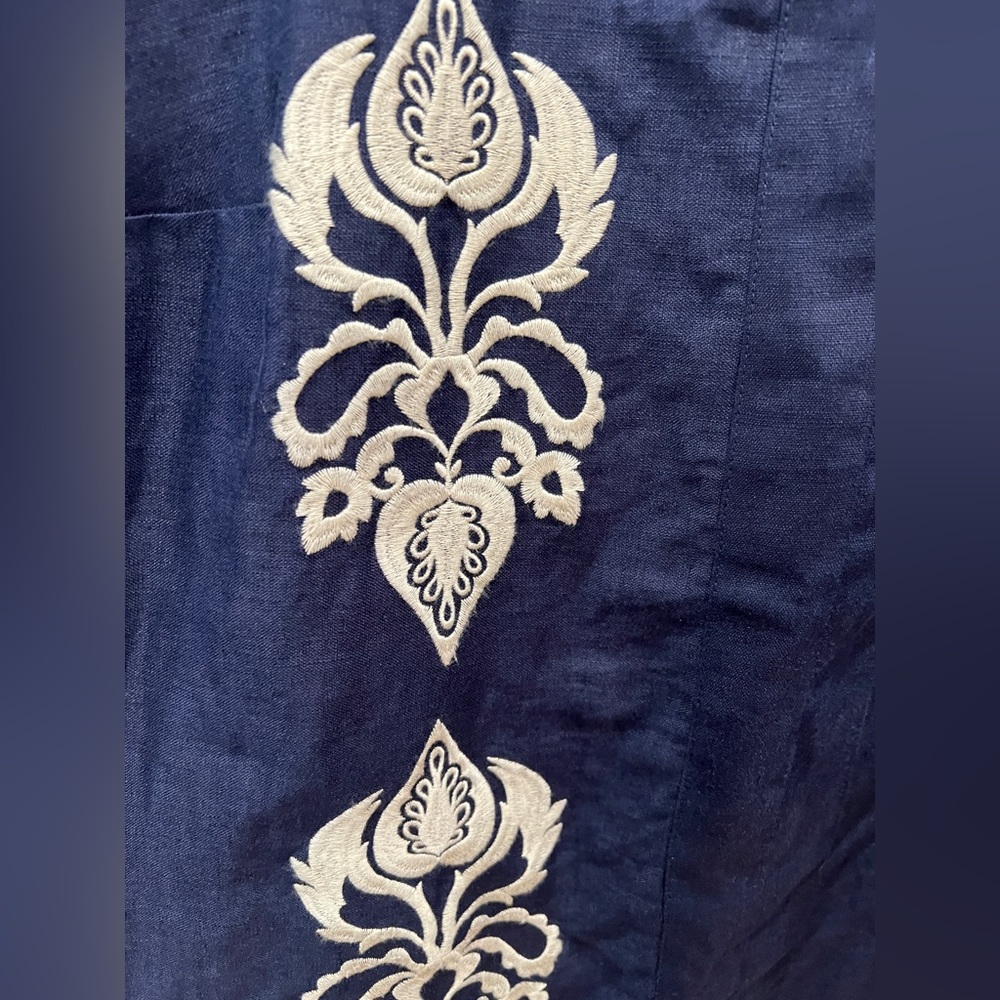 ULLA POPKEN DAMASK DETAIL SPLIT NECK SHORT SLEEVE DRESS, DARK MARINE, SIZE 20. - Picture 7 of 13